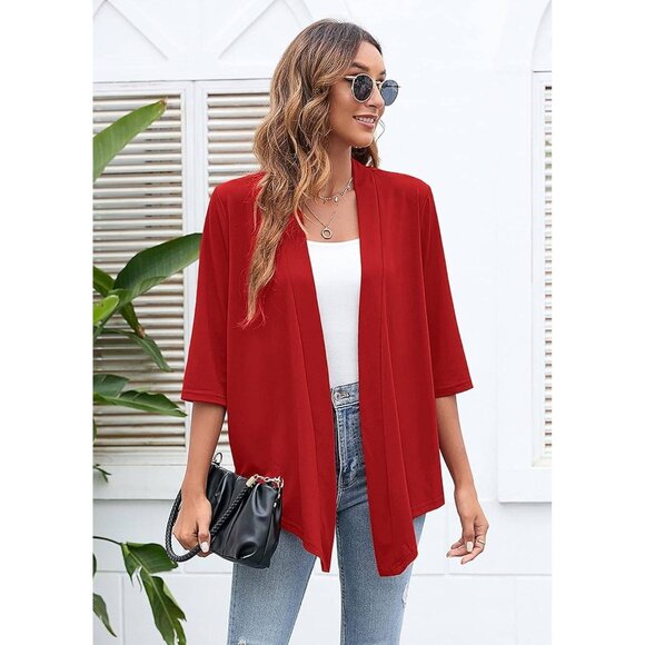 Lightweight Drape Cardigan – Open Front 3/4 Sleeve Red Small - Picture 3 of 5